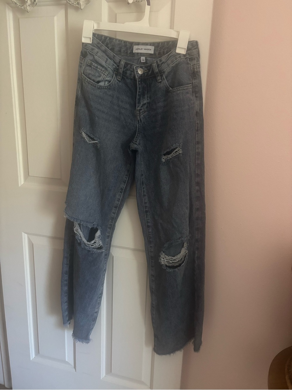 Ashley Mason Distressed Boyfriend Jeans - Gray Blue Wash